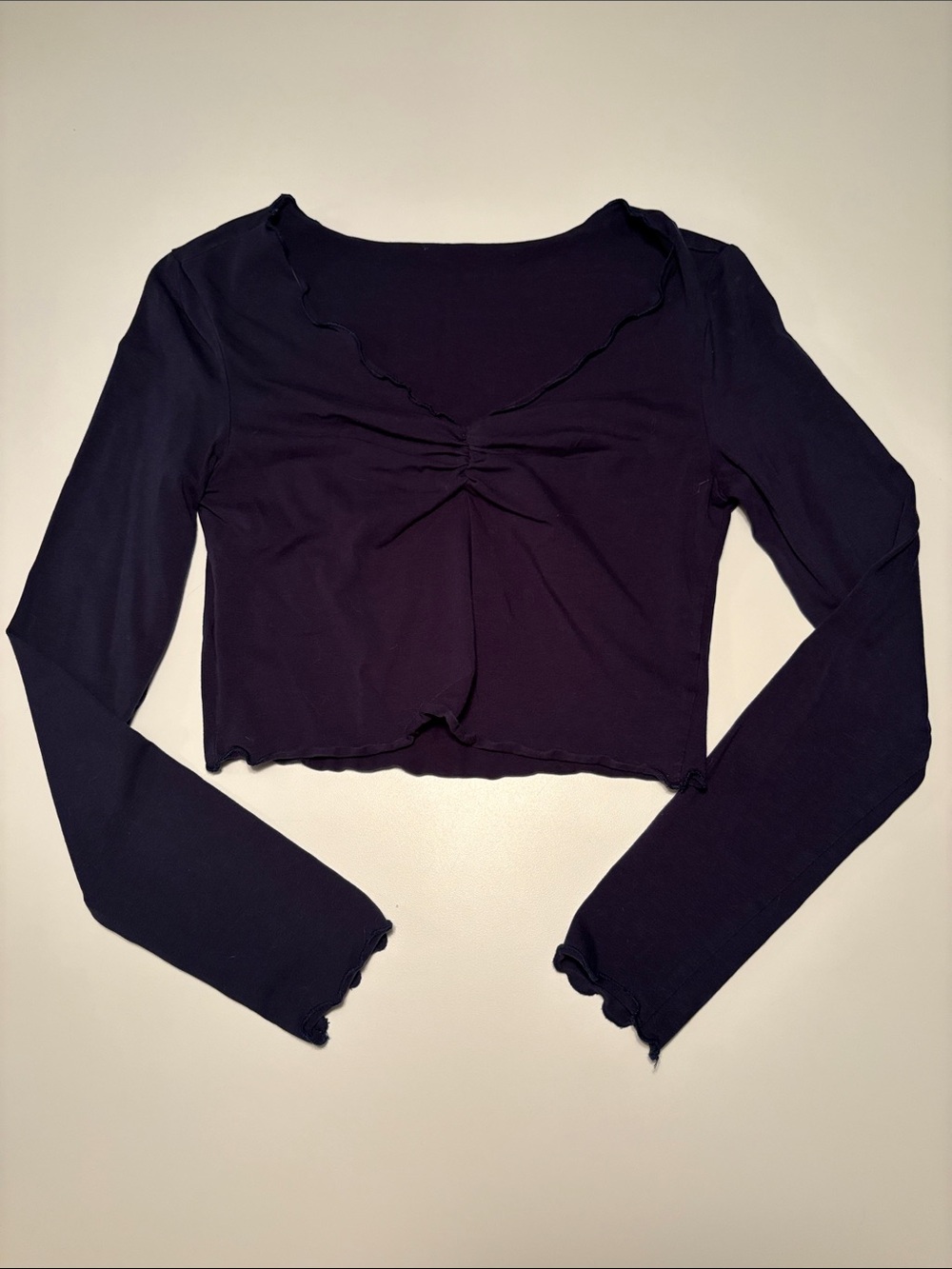 Long Sleeve Black Crop Top with Ruched Front